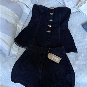 Meshki Lennox Strapless Long Line Button Top - Indigo Blue and shorts set